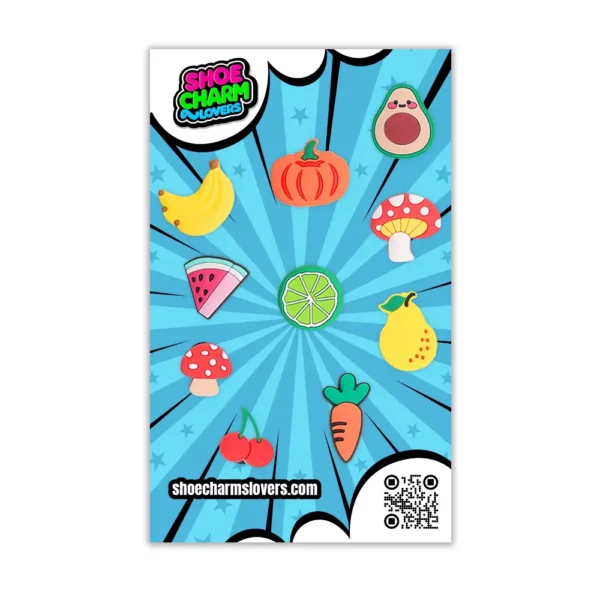 fruit and vegetable shoe charms in packaging