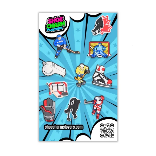 Blister pack with 10 sports charms for Crocs – stick, puck, goalie, skates