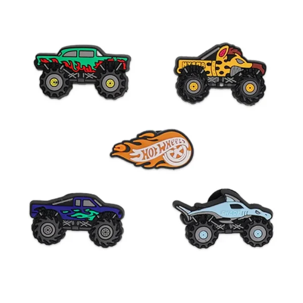 Set of 5 Hot Wheels shoe charms – monster trucks and flaming logo for Crocs