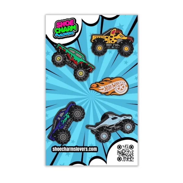 Blister of 5 monster truck shoe charms for Crocs – Hot Wheels style