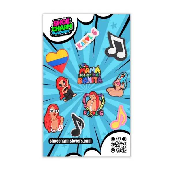 Blister packaging with 10 Karol G shoe charms – colorful, bold and pop-style