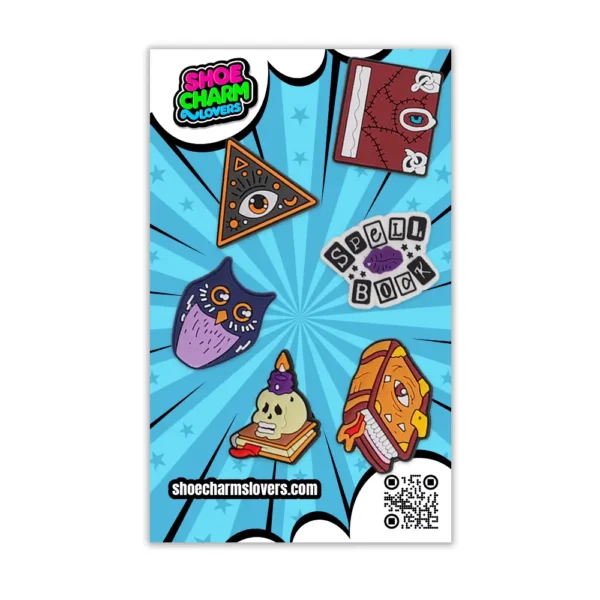 Blister pack with 6 fantasy shoe charms – spellbooks, symbols, and enchanted designs