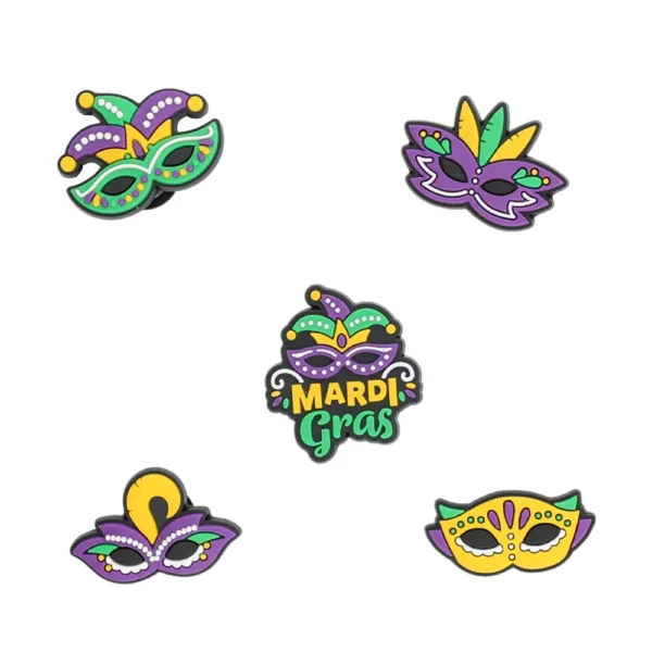 Mardi Gras charms for Crocs – 5 colorful carnival masks and party shoe charms