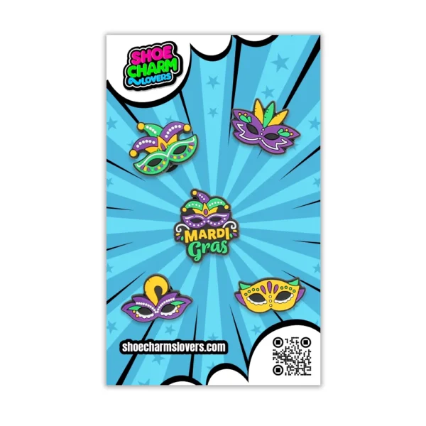 Mardi Gras charms for Crocs – Blister with 6 Mardi Gras charms for Crocs – masks, colors, and party style