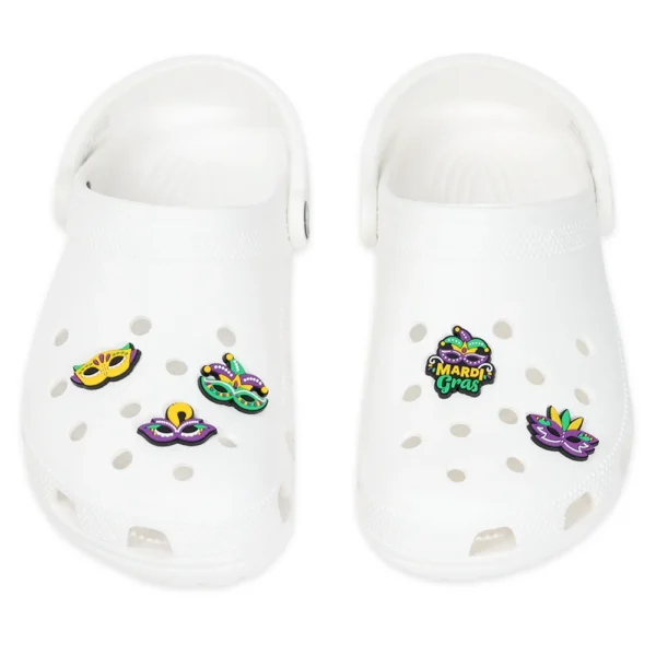 Mardi Gras charms for Crocs – Carnival-themed charms placed on white Crocs – Mardi Gras charm bundle example