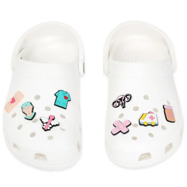 Medical shoe charms on white Crocs – healthcare and nurse theme