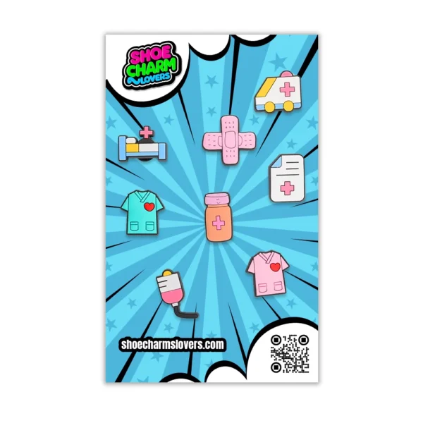 Medical shoe charms in retail packaging – colorful and symbolic