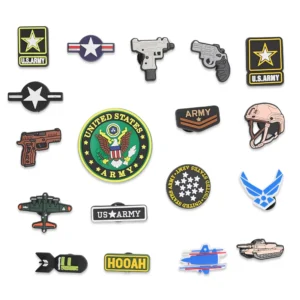 Military Shoe Charms bundle set compatible with Crocs – includes army, air force, gun, and combat-themed charms