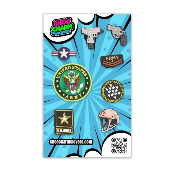 Military Shoe Charms bundle blister compatible with Crocs – includes army, air force, gun, and combat-themed charms