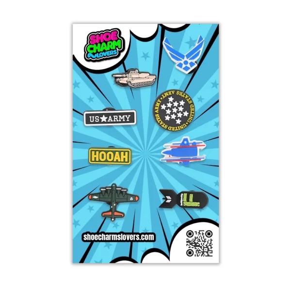 Military Shoe Charms bundle blister compatible with Crocs – includes army, air force, gun, and combat-themed charms