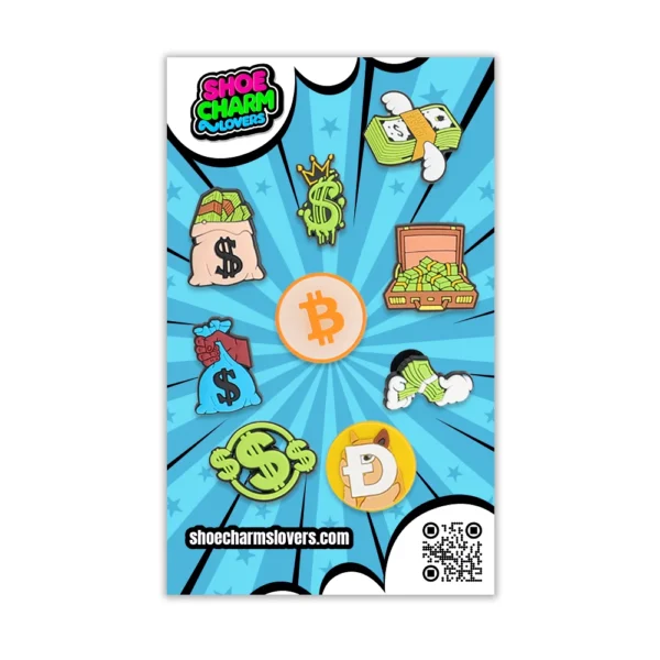 Blister pack of 9 crypto & dollar charms – designed for stylish entrepreneurs