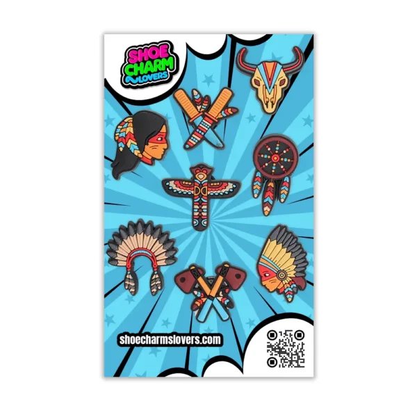 Blister with 8 indigenous shoe charms – includes dreamcatcher and feather charms for Crocs