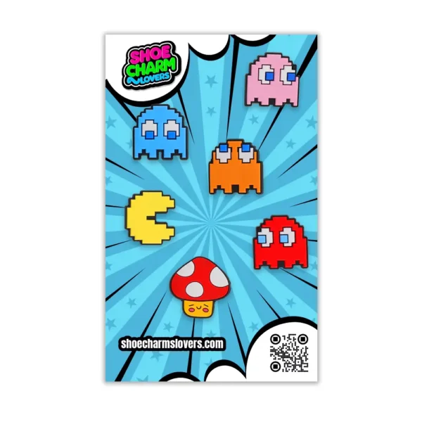 Blister pack of classic pixel Crocs charms – Pacman, ghosts, arcade vibes