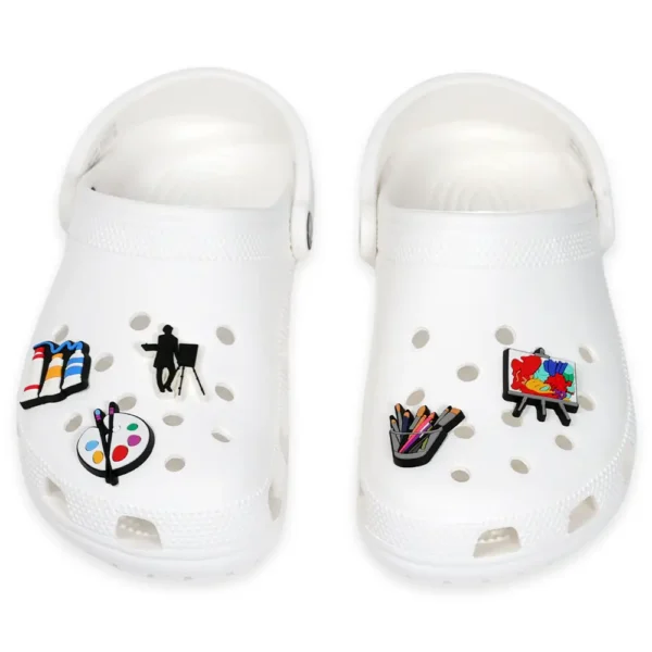 White footwear decorated with Paint Shoe Charms – Art-themed charm set with palette, brush, and paint for Crocs