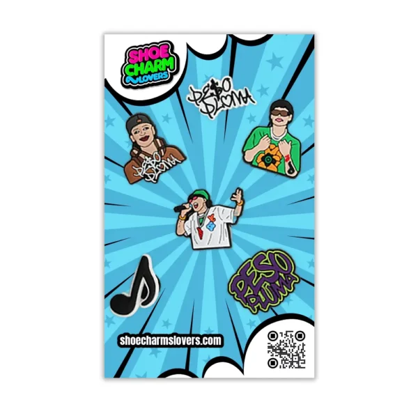Blister pack of celebrity shoe charms for Crocs – Peso Pluma edition with bold urban graphics