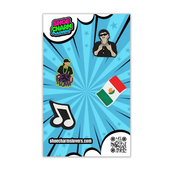 Blister pack of celebrity shoe charms for Crocs – Peso Pluma edition with bold urban graphics