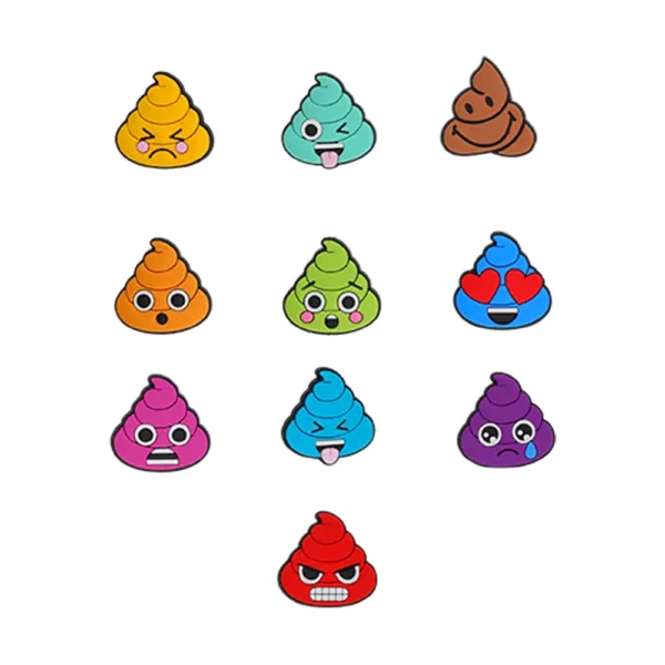 Poop Shoe Charm -Fun poop emoji shoe charm set with vibrant colors and emotions, on a comic-style blue background with Shoe Charms Lovers branding.