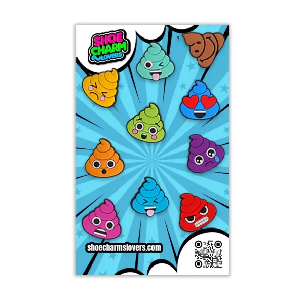 Poop Shoe Charm - Set of 9 colorful poop emoji shoe charms with various facial expressions, displayed on a white background