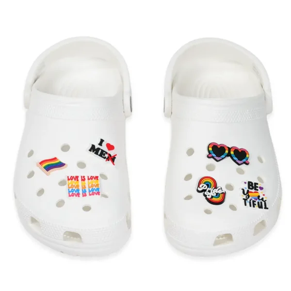 Pride shoe charms on white Crocs – vibrant and bold identity expression