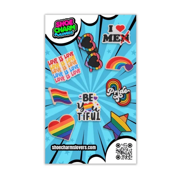 Blister pack with 9 rainbow and love-inspired pride shoe charms – perfect for Pride season