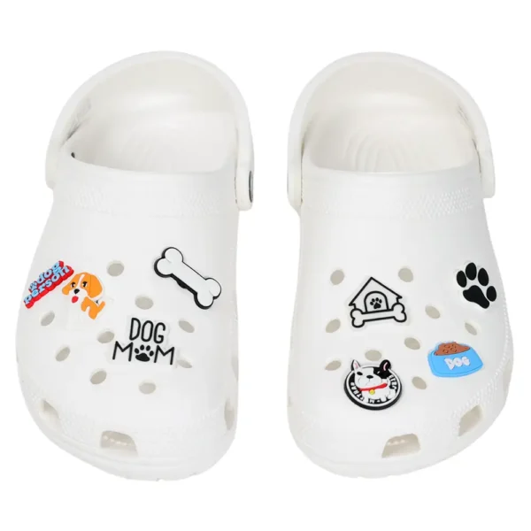 Puppy shoe charms styled on white Crocs – pure dog-loving style at your feet