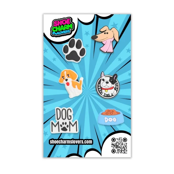 Blister pack of puppy shoe charms – paws, bones, and pups included