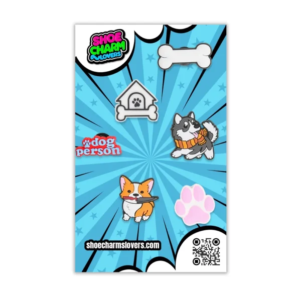 Blister pack of puppy shoe charms – paws, bones, and pups included