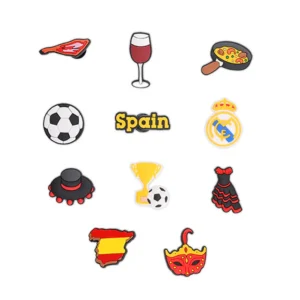 Set of 11 Real Madrid Spain Shoe Charms – featuring football, flamenco, paella, and cultural icons for Crocs