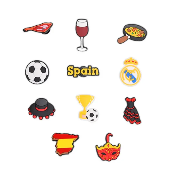 Set of 11 Real Madrid Spain Shoe Charms – featuring football, flamenco, paella, and cultural icons for Crocs