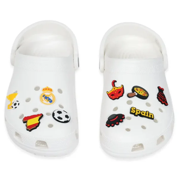 Set of 11 Real Madrid Spain Shoe Charms on white Crocs – featuring football, flamenco, paella, and cultural icons for Crocs