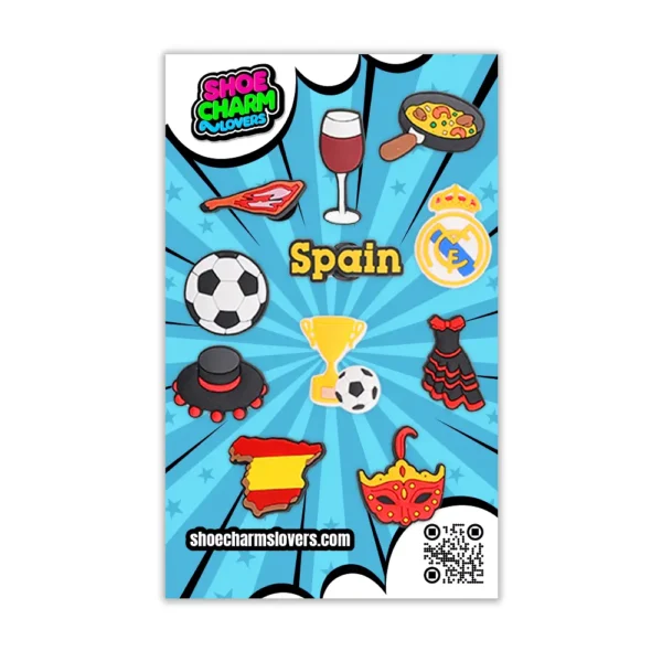 Blister pack with 11 Real Madrid Spain Shoe Charms – featuring football, flamenco, paella, and cultural icons for Crocs