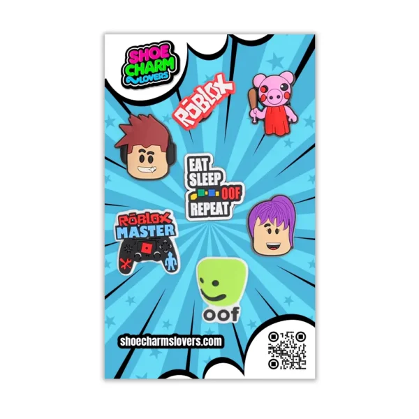 Retail blister pack of 7 Roblox charms – includes gamer elements and avatars