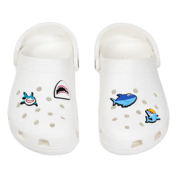 Shark shoe charms on white Crocs – ocean creatures and summer style for kids