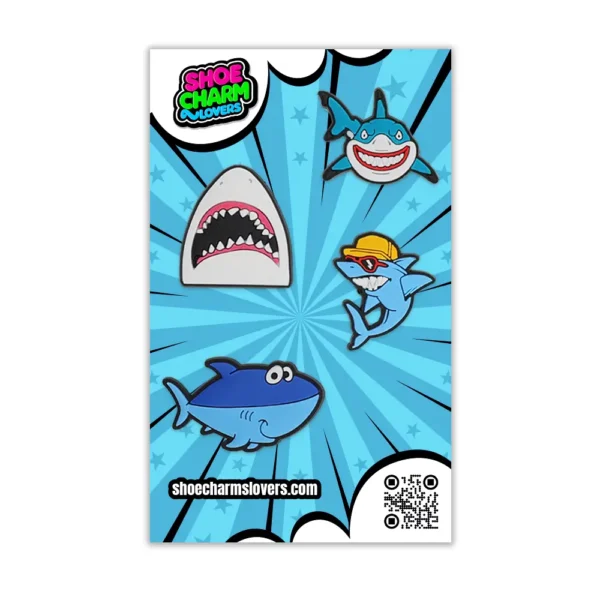Blister pack of Shark Shoe Charms – 4 fun aquatic charms for Crocs, great for gifting