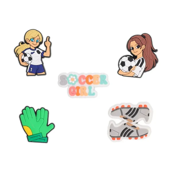 5 Soccer Girl Shoe Charms Set – cleats, gloves, players & empowering text