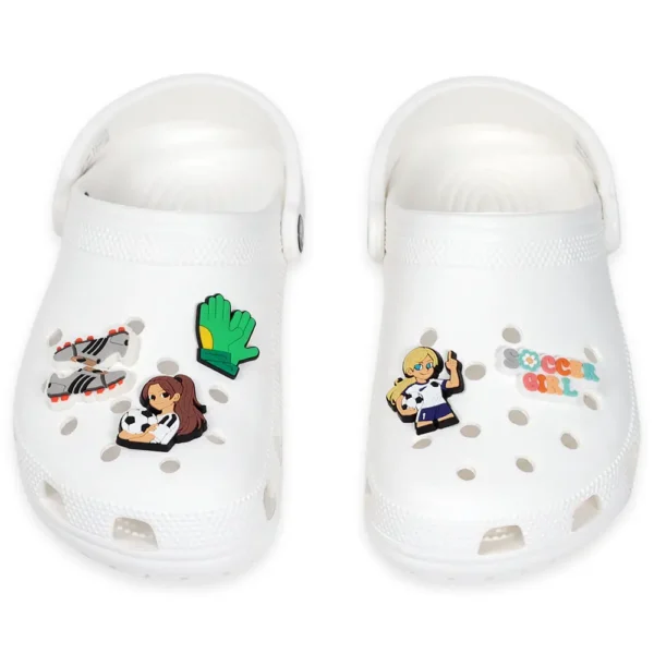 Soccer-themed girl charms on white Crocs – sporty & stylish