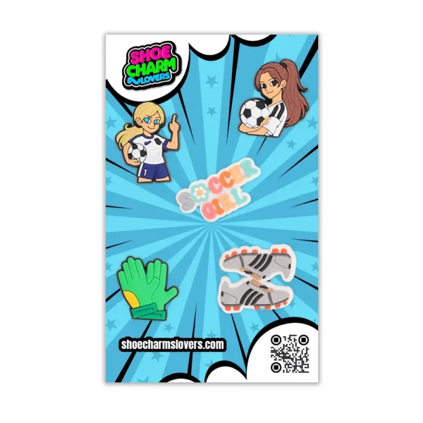 Blister pack of 5 colorful soccer charms – girl power and soccer gear
