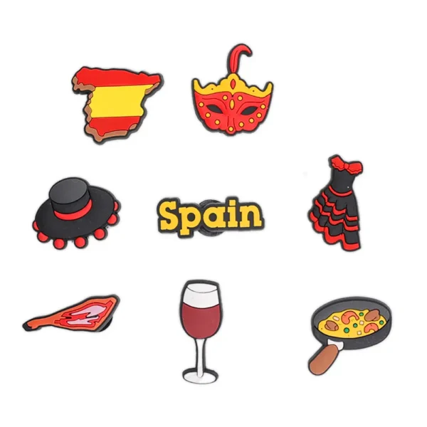 Spain Travel Shoe Charms Bundle – 8 Crocs charms inspired by Spanish culture, food, and tradition
