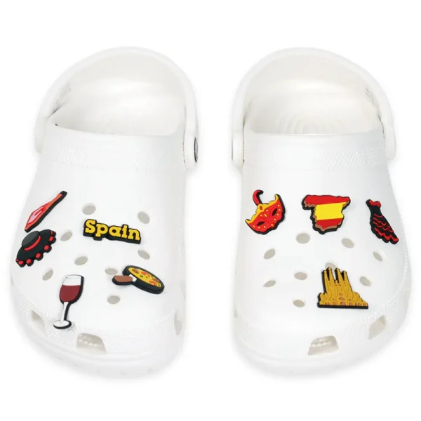 Spain Travel Shoe Charms on white Crocs – Mediterranean icons like flamenco, jamón, and wine in full color