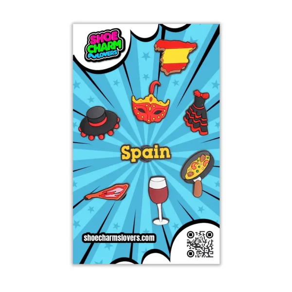 Blister pack of 8 Spain Travel Shoe Charms – ready to gift or collect, full of Spanish flair
