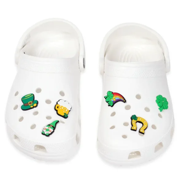 St Patricks Day shoe charms on white Crocs - shamrock, leprechaun, rainbow, beer mug, horseshoe, gold pot and Irish hat for Crocs