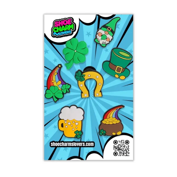 Blister pack of St Patricks Day shoe charms – shamrock, leprechaun, rainbow, beer mug, horseshoe, gold pot and Irish hat for Crocs