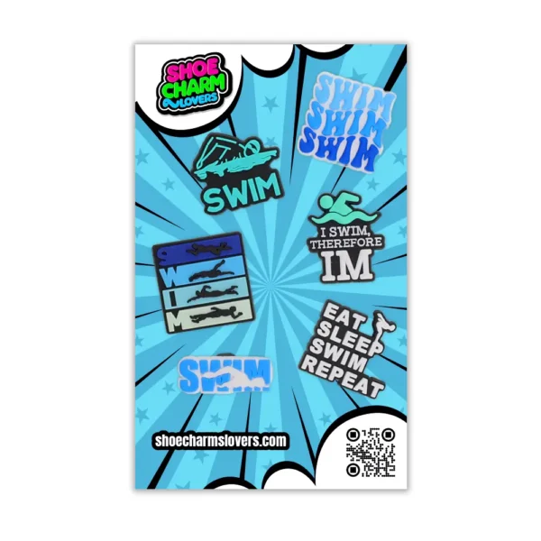 Blister pack with 6 sporty swim-themed charms – motivational quotes and aquatic flair