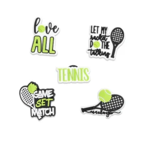 Tennis Shoe Charms Bundle for Crocs – 5 sporty designs with rackets, balls, and motivational quotes