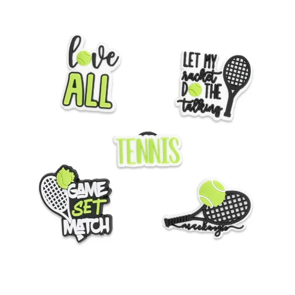 Tennis Shoe Charms Bundle for Crocs – 5 sporty designs with rackets, balls, and motivational quotes