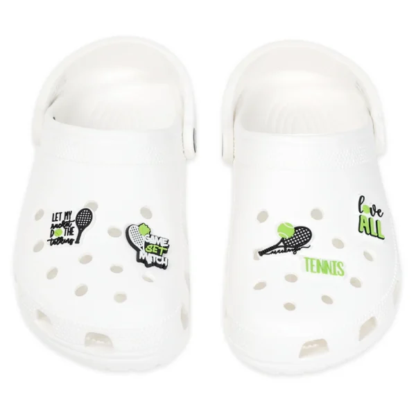 Tennis shoe charms on white Crocs – features phrases like “Game Set Match” and detailed rackets