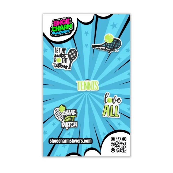 Blister pack of 5 tennis shoe charms – colorful, fun, and perfect for fans and players