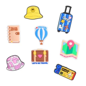 Travel Shoe Charms Bundle – 8 vibrant PVC charms for Crocs featuring luggage, hats, maps, and vacation themes
