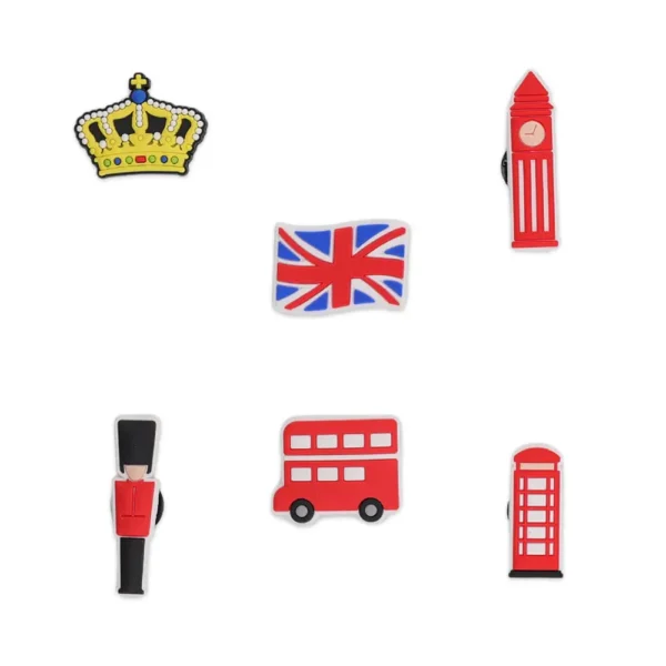 Set of 6 UK shoe charms – Union Jack, bus, crown, and more for Crocs