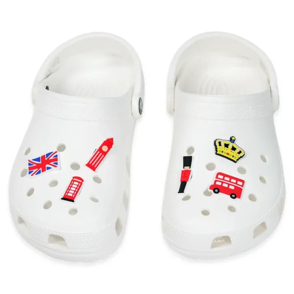 UK shoe charms placed on white Crocs – British travel aesthetic